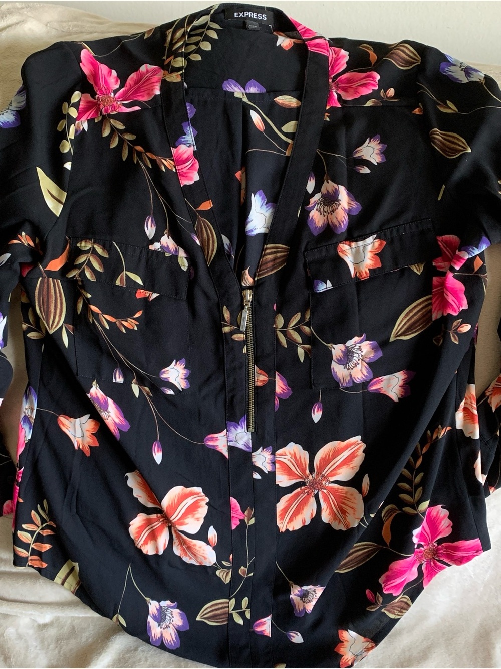 Express Black Floral Zip-Front Blouse - Pink, Coral & Purple Flowers